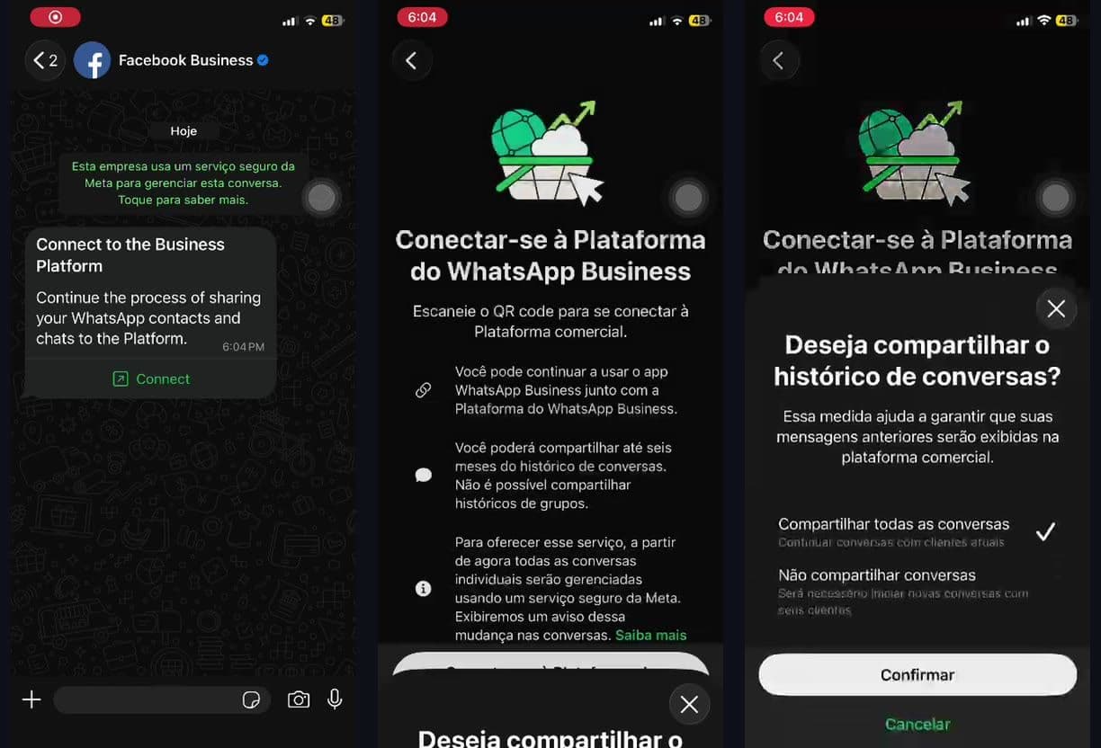 As três telas da autorização no celular: a mensagem da Meta com o botão Connect, a tela que explica o que muda, e a escolha de compartilhar ou não o histórico de conversas.
